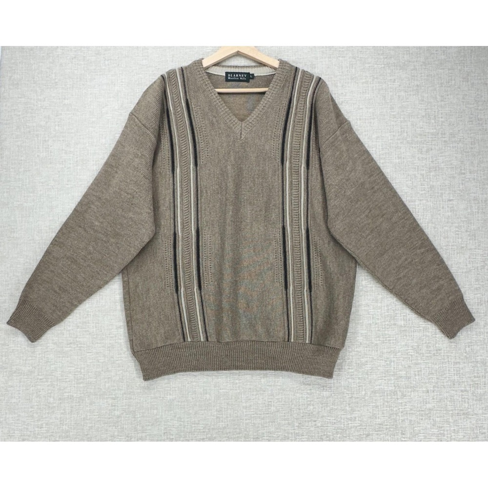 Blarney Woollen Mills Sweater Mens Large Brown V Neck Wool Blend Vertical Stripe